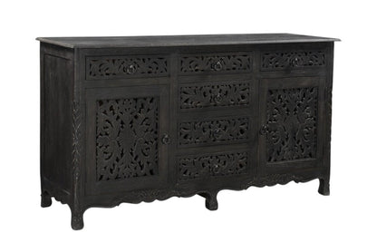 66" Black Distressed Solid Wood Carved Floral Six Drawer Sideboard With Two Doors HomeRoots