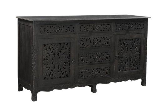 66" Black Distressed Solid Wood Carved Floral Six Drawer Sideboard With Two Doors HomeRoots