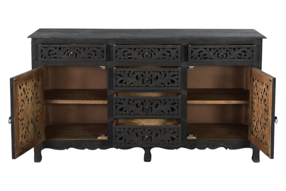 66" Black Distressed Solid Wood Carved Floral Six Drawer Sideboard With Two Doors HomeRoots