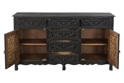 66" Black Distressed Solid Wood Carved Floral Six Drawer Sideboard With Two Doors HomeRoots