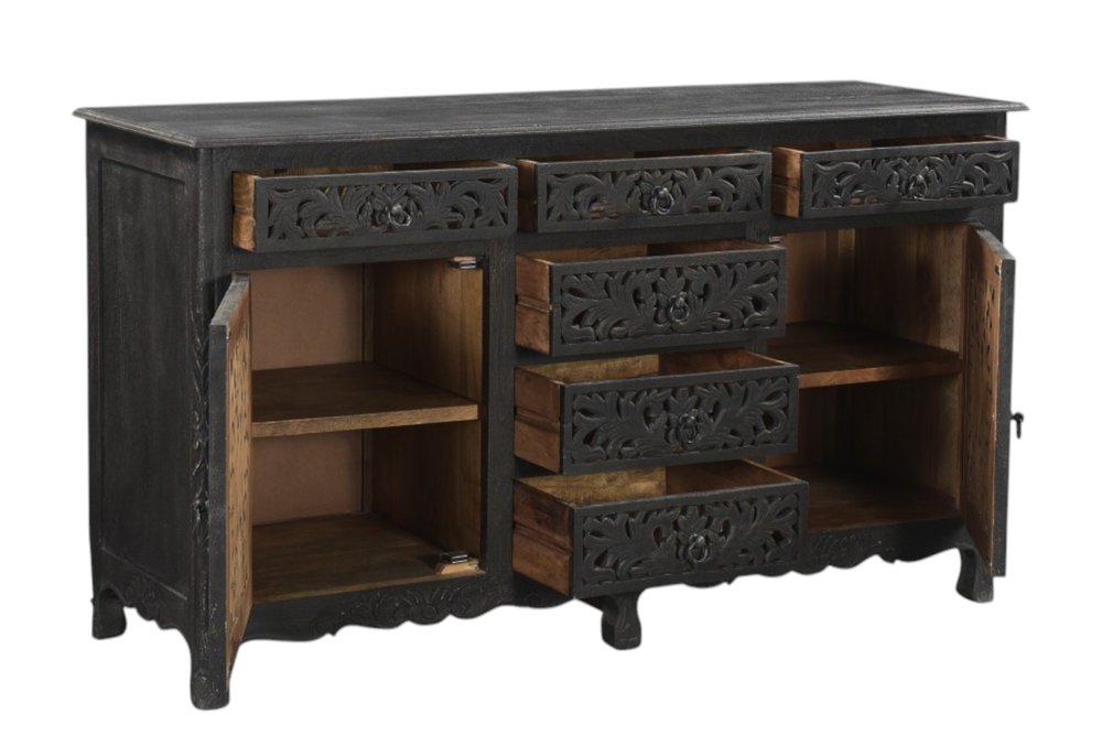 66" Black Distressed Solid Wood Carved Floral Six Drawer Sideboard With Two Doors HomeRoots