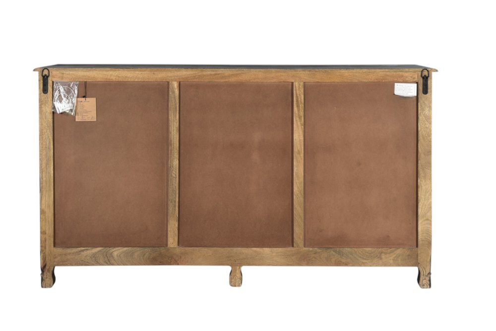 66" Black Distressed Solid Wood Carved Floral Six Drawer Sideboard With Two Doors HomeRoots