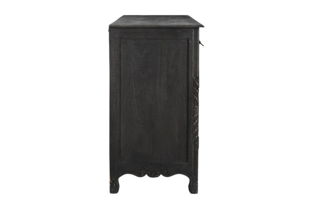 66" Black Distressed Solid Wood Carved Floral Six Drawer Sideboard With Two Doors HomeRoots