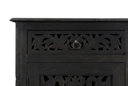 66" Black Distressed Solid Wood Carved Floral Six Drawer Sideboard With Two Doors HomeRoots