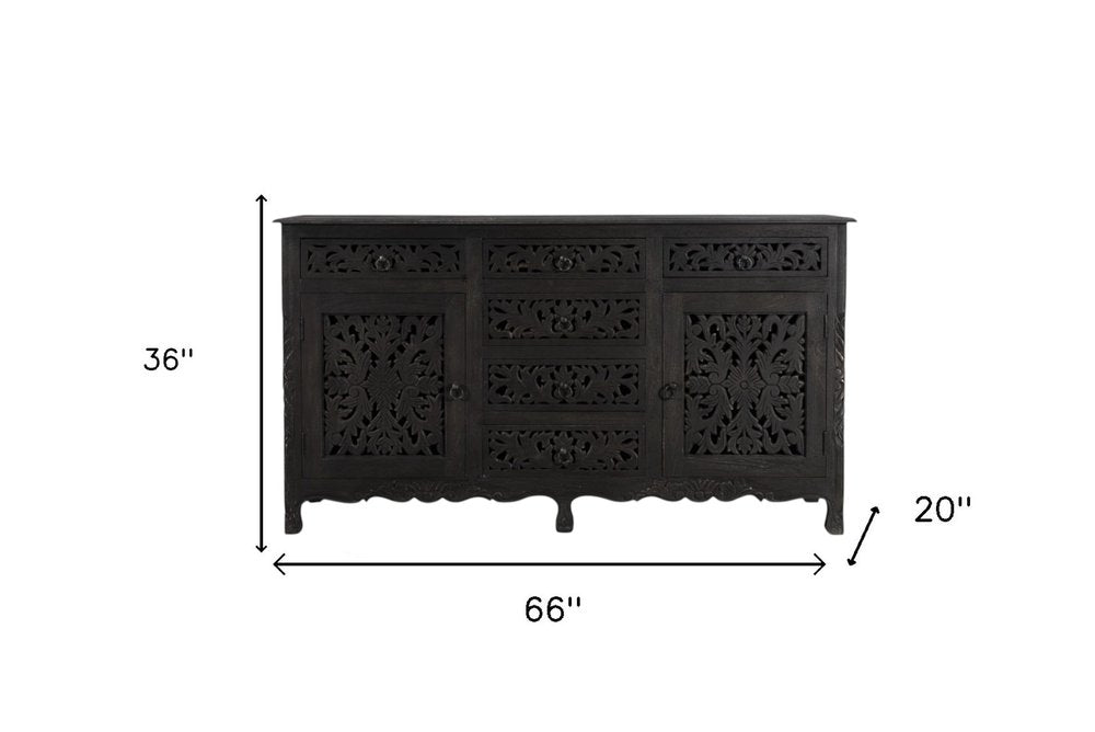 66" Black Distressed Solid Wood Carved Floral Six Drawer Sideboard With Two Doors HomeRoots