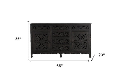 66" Black Distressed Solid Wood Carved Floral Six Drawer Sideboard With Two Doors HomeRoots
