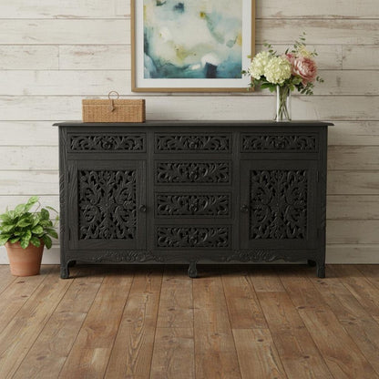 66" Black Distressed Solid Wood Carved Floral Six Drawer Sideboard With Two Doors HomeRoots