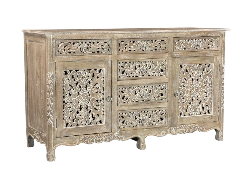 66" Gray Distressed Solid Wood Carved Floral Six Drawer Sideboard with Two Doors HomeRoots