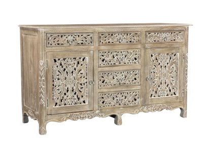 66" Gray Distressed Solid Wood Carved Floral Six Drawer Sideboard with Two Doors HomeRoots