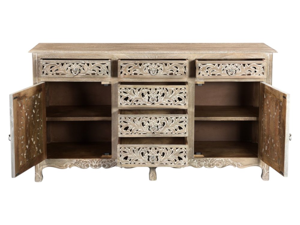 66" Gray Distressed Solid Wood Carved Floral Six Drawer Sideboard with Two Doors HomeRoots