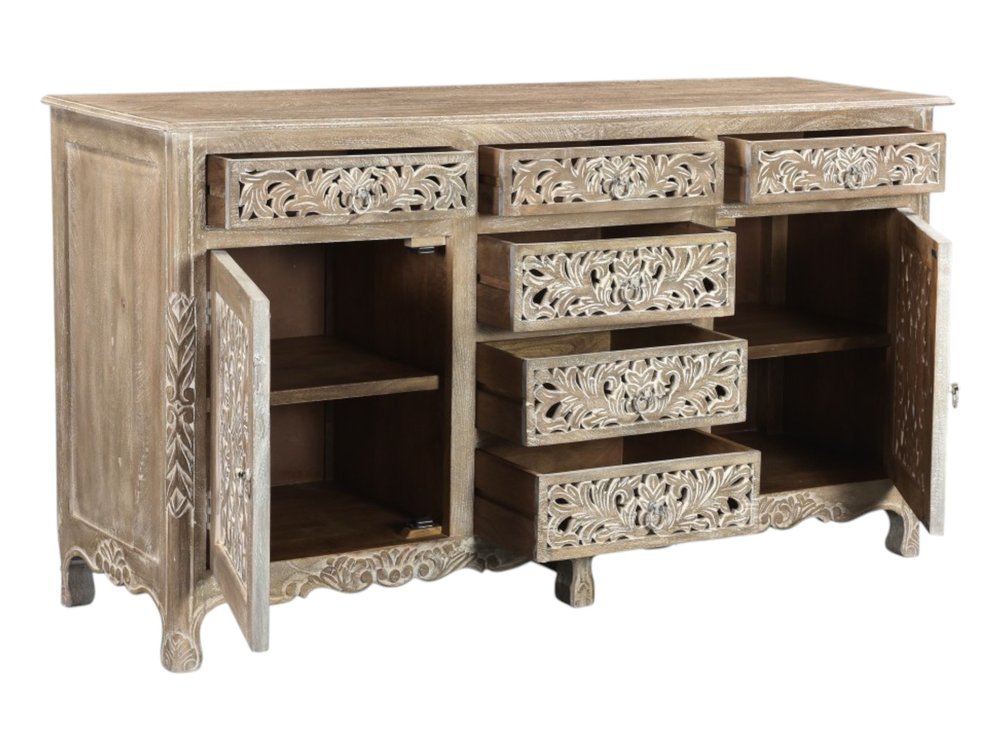 66" Gray Distressed Solid Wood Carved Floral Six Drawer Sideboard with Two Doors HomeRoots