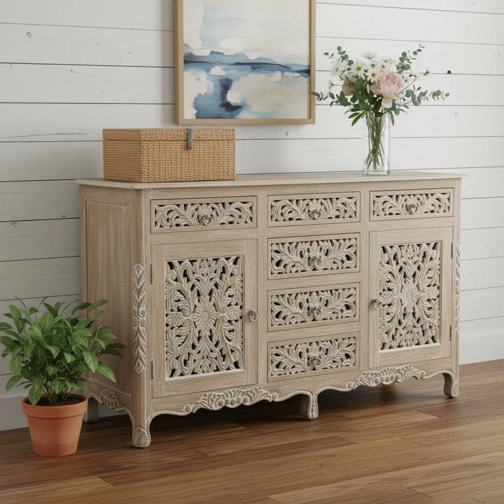 66" Gray Distressed Solid Wood Carved Floral Six Drawer Sideboard with Two Doors HomeRoots