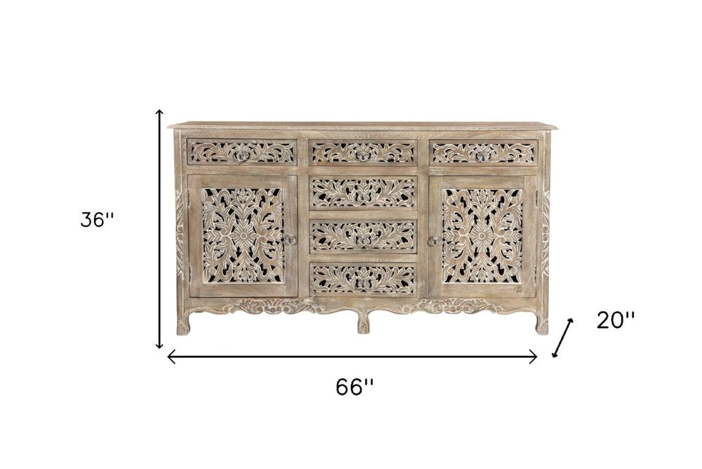 66" Gray Distressed Solid Wood Carved Floral Six Drawer Sideboard with Two Doors HomeRoots