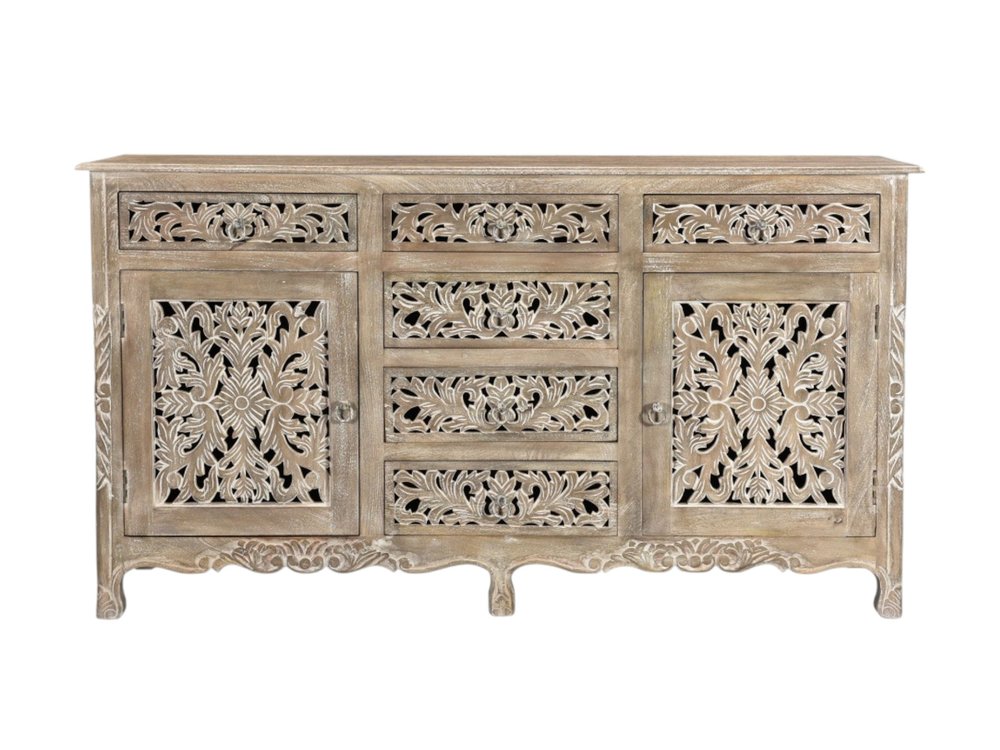 66" Gray Distressed Solid Wood Carved Floral Six Drawer Sideboard with Two Doors HomeRoots