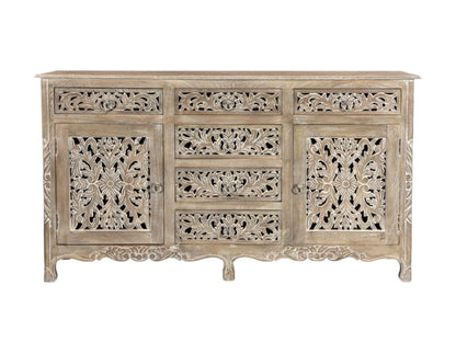 66" Gray Distressed Solid Wood Carved Floral Six Drawer Sideboard with Two Doors HomeRoots