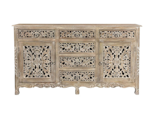 66" Gray Distressed Solid Wood Carved Floral Six Drawer Sideboard with Two Doors HomeRoots