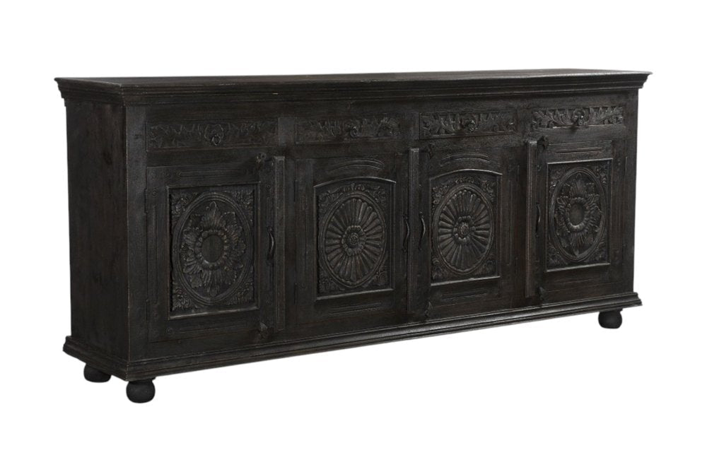 102" Gray Distressed Solid Wood Carved Floral Four Drawer Sideboard With Four Doors HomeRoots