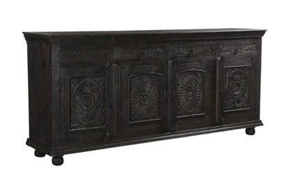 102" Gray Distressed Solid Wood Carved Floral Four Drawer Sideboard With Four Doors HomeRoots