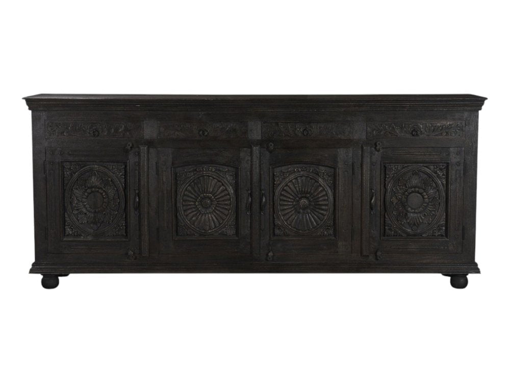 102" Gray Distressed Solid Wood Carved Floral Four Drawer Sideboard With Four Doors — view 11
