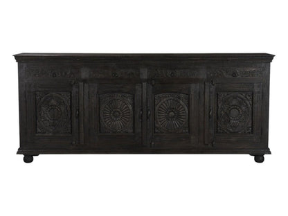 102" Gray Distressed Solid Wood Carved Floral Four Drawer Sideboard With Four Doors HomeRoots
