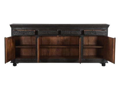 102" Gray Distressed Solid Wood Carved Floral Four Drawer Sideboard With Four Doors HomeRoots