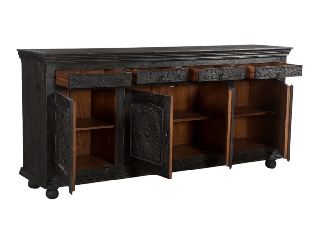 102" Gray Distressed Solid Wood Carved Floral Four Drawer Sideboard With Four Doors — view 14