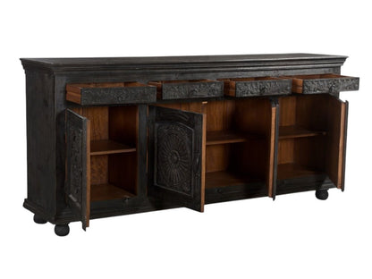 102" Gray Distressed Solid Wood Carved Floral Four Drawer Sideboard With Four Doors HomeRoots