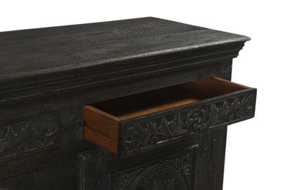 102" Gray Distressed Solid Wood Carved Floral Four Drawer Sideboard With Four Doors HomeRoots