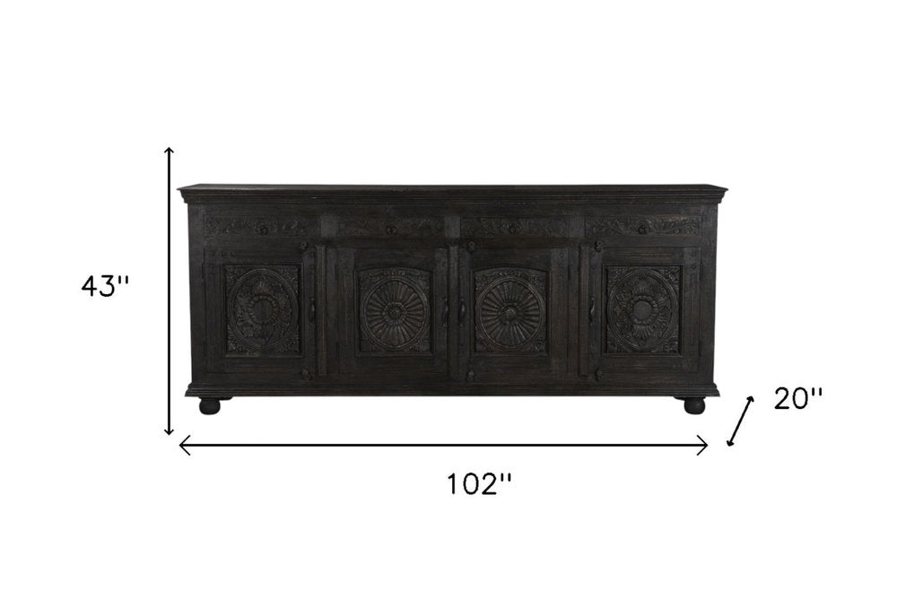 102" Gray Distressed Solid Wood Carved Floral Four Drawer Sideboard With Four Doors — view 19