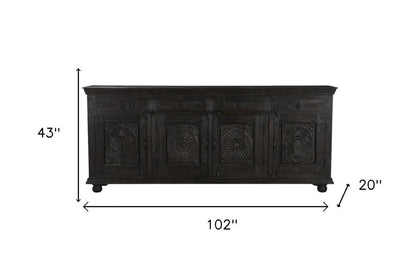 102" Gray Distressed Solid Wood Carved Floral Four Drawer Sideboard With Four Doors HomeRoots