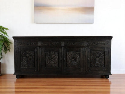 102" Gray Distressed Solid Wood Carved Floral Four Drawer Sideboard With Four Doors HomeRoots