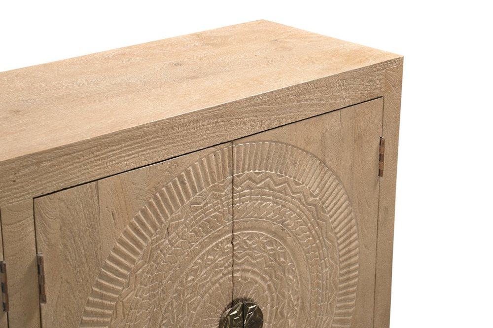 95" Natural And Antiqued Gold Solid Wood Carved Geometric Sideboard with Six Doors HomeRoots