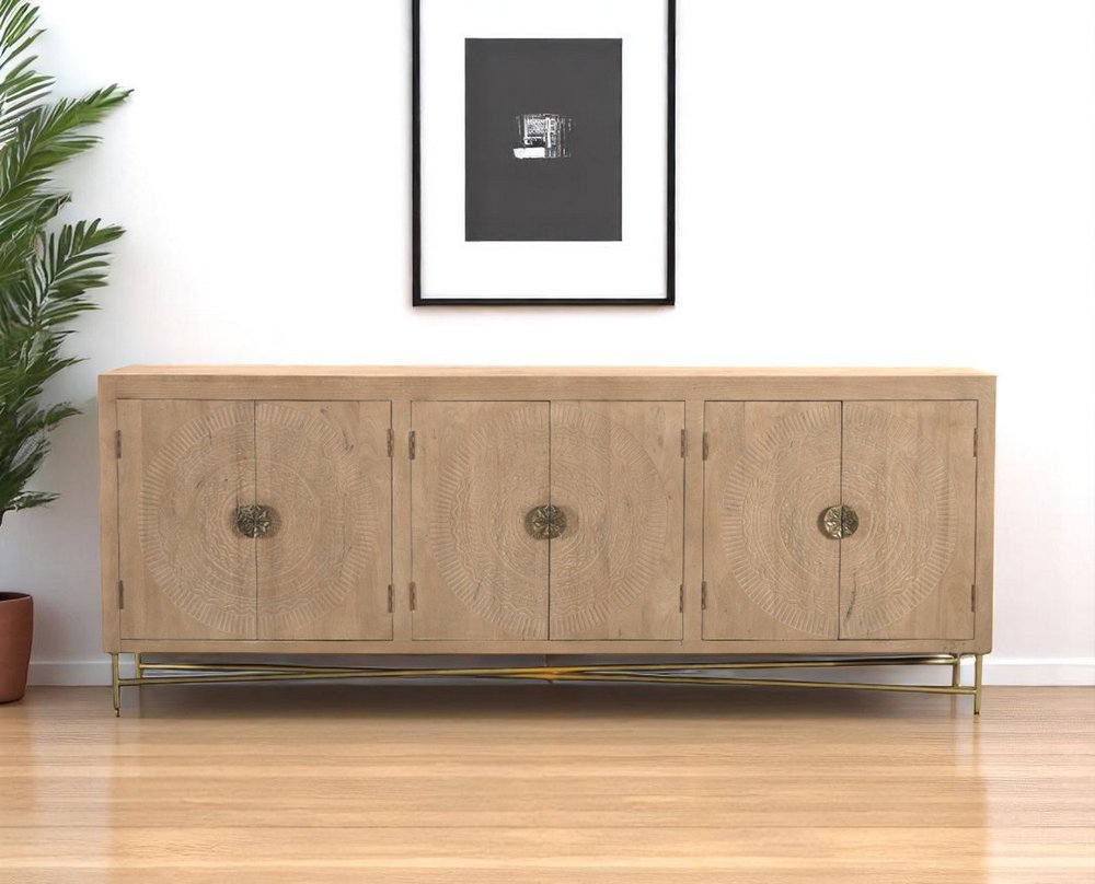 95" Natural And Antiqued Gold Solid Wood Carved Geometric Sideboard with Six Doors HomeRoots