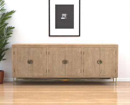 95" Natural And Antiqued Gold Solid Wood Carved Geometric Sideboard with Six Doors HomeRoots