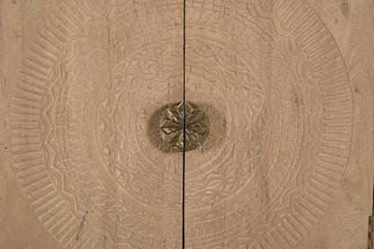 95" Natural And Antiqued Gold Solid Wood Carved Geometric Sideboard with Six Doors HomeRoots