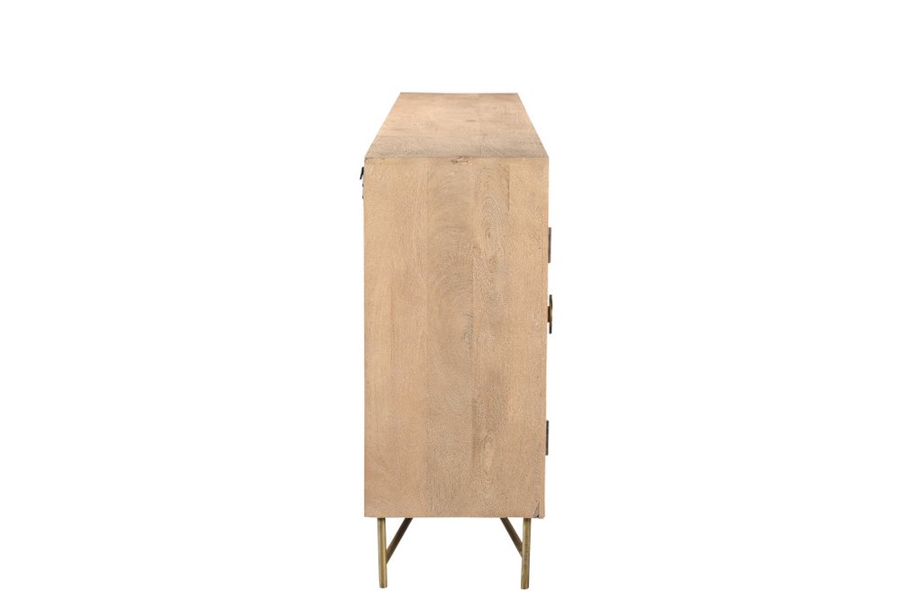 95" Natural And Antiqued Gold Solid Wood Carved Geometric Sideboard with Six Doors HomeRoots