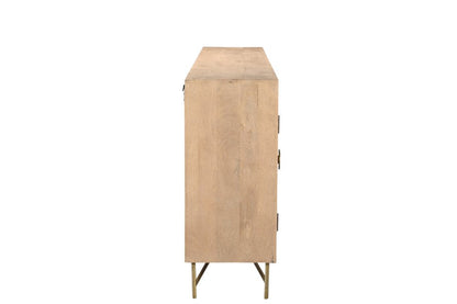 95" Natural And Antiqued Gold Solid Wood Carved Geometric Sideboard with Six Doors HomeRoots