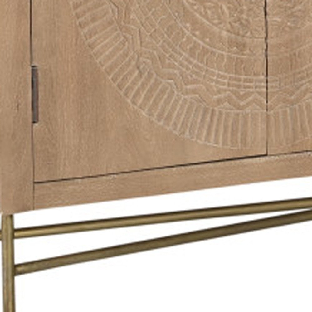 95" Natural And Antiqued Gold Solid Wood Carved Geometric Sideboard with Six Doors HomeRoots