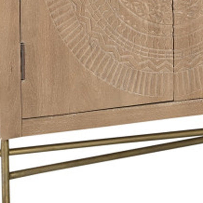 95" Natural And Antiqued Gold Solid Wood Carved Geometric Sideboard with Six Doors HomeRoots