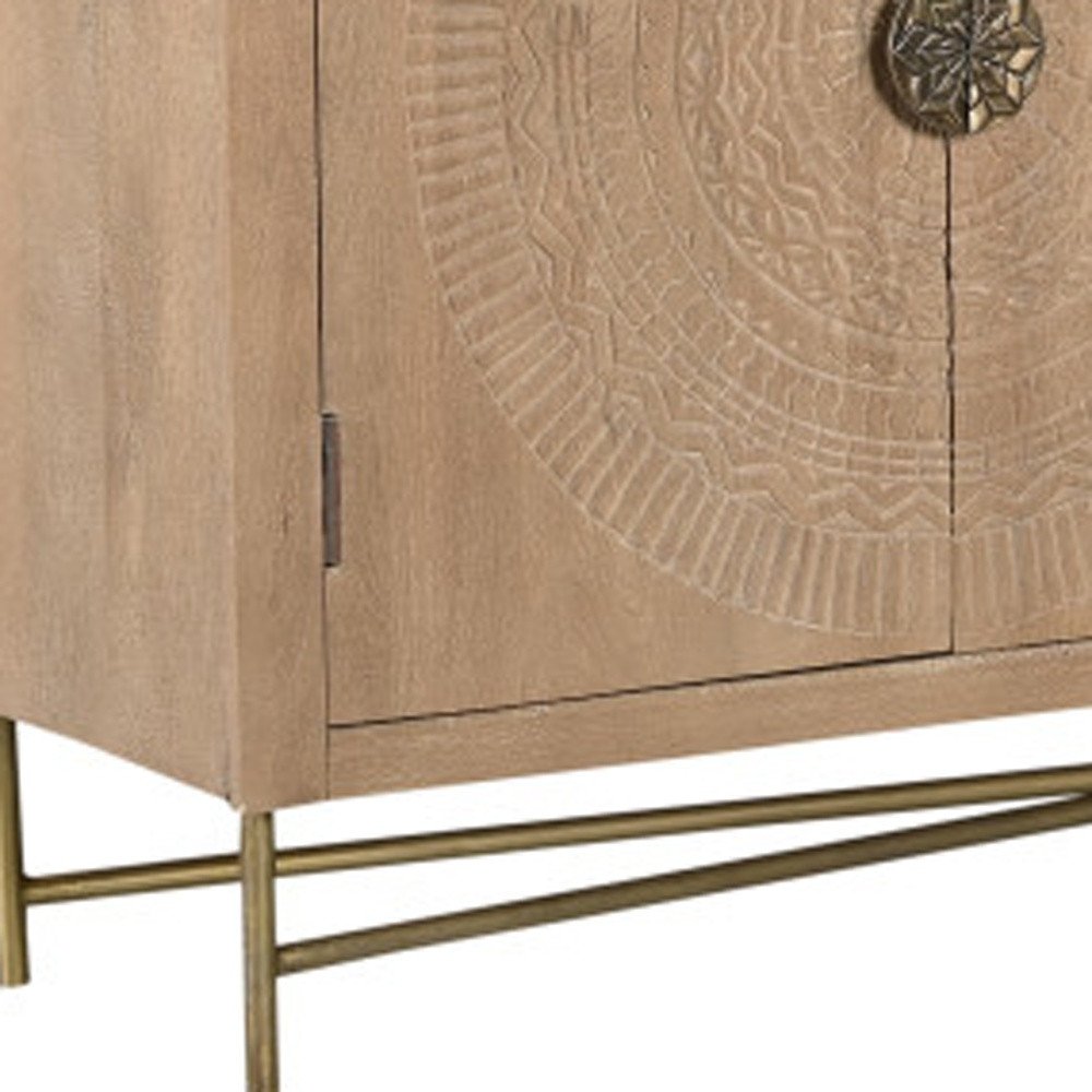 95" Natural And Antiqued Gold Solid Wood Carved Geometric Sideboard with Six Doors HomeRoots
