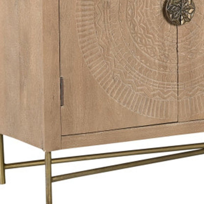 95" Natural And Antiqued Gold Solid Wood Carved Geometric Sideboard with Six Doors HomeRoots