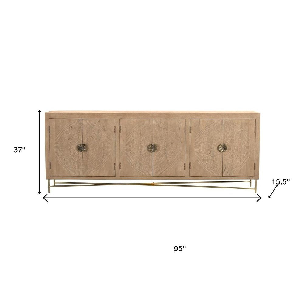 95" Natural And Antiqued Gold Solid Wood Carved Geometric Sideboard with Six Doors HomeRoots