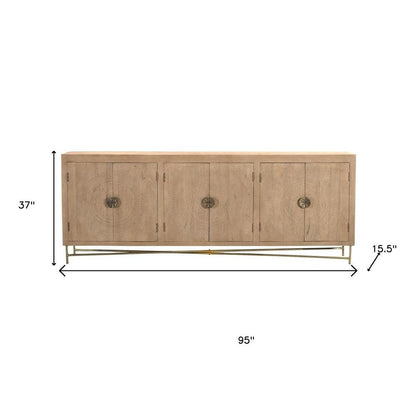 95" Natural And Antiqued Gold Solid Wood Carved Geometric Sideboard with Six Doors HomeRoots