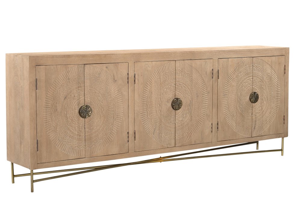 95" Natural And Antiqued Gold Solid Wood Carved Geometric Sideboard with Six Doors HomeRoots
