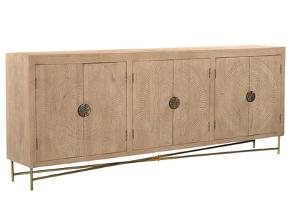 95" Natural And Antiqued Gold Solid Wood Carved Geometric Sideboard with Six Doors HomeRoots