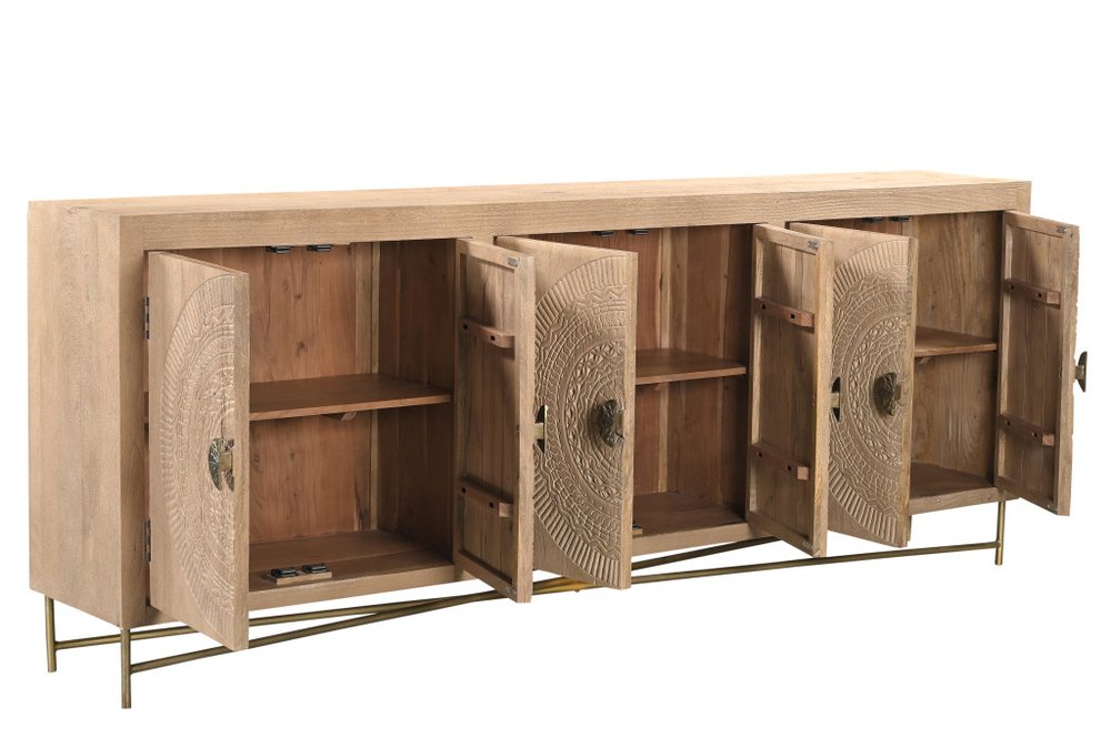 95" Natural And Antiqued Gold Solid Wood Carved Geometric Sideboard with Six Doors HomeRoots
