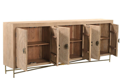 95" Natural And Antiqued Gold Solid Wood Carved Geometric Sideboard with Six Doors HomeRoots