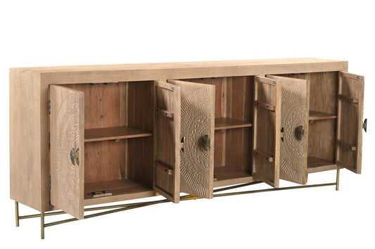 95" Natural And Antiqued Gold Solid Wood Carved Geometric Sideboard with Six Doors HomeRoots