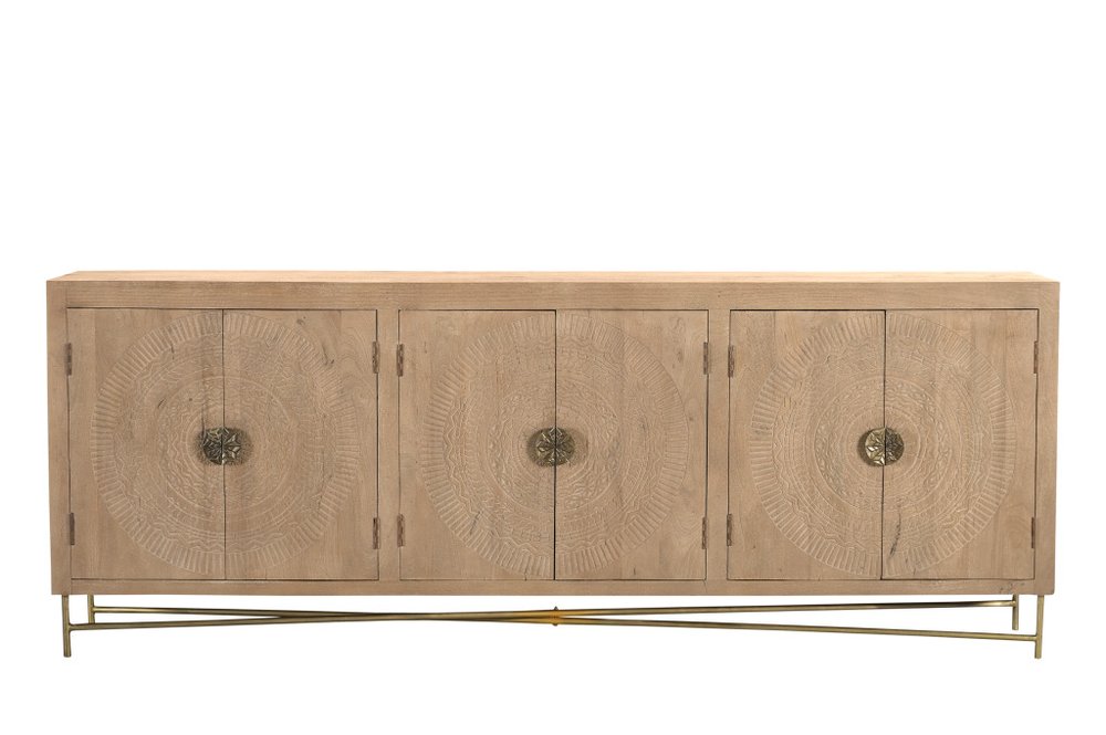95" Natural And Antiqued Gold Solid Wood Carved Geometric Sideboard with Six Doors HomeRoots