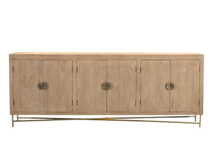 95" Natural And Antiqued Gold Solid Wood Carved Geometric Sideboard with Six Doors HomeRoots